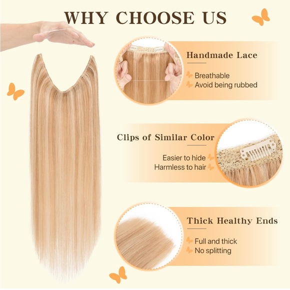 SALE Golden Brown Bleach Blonde Highlight Human Hair 18” Halo Hair Extension - Picture 10 of 14